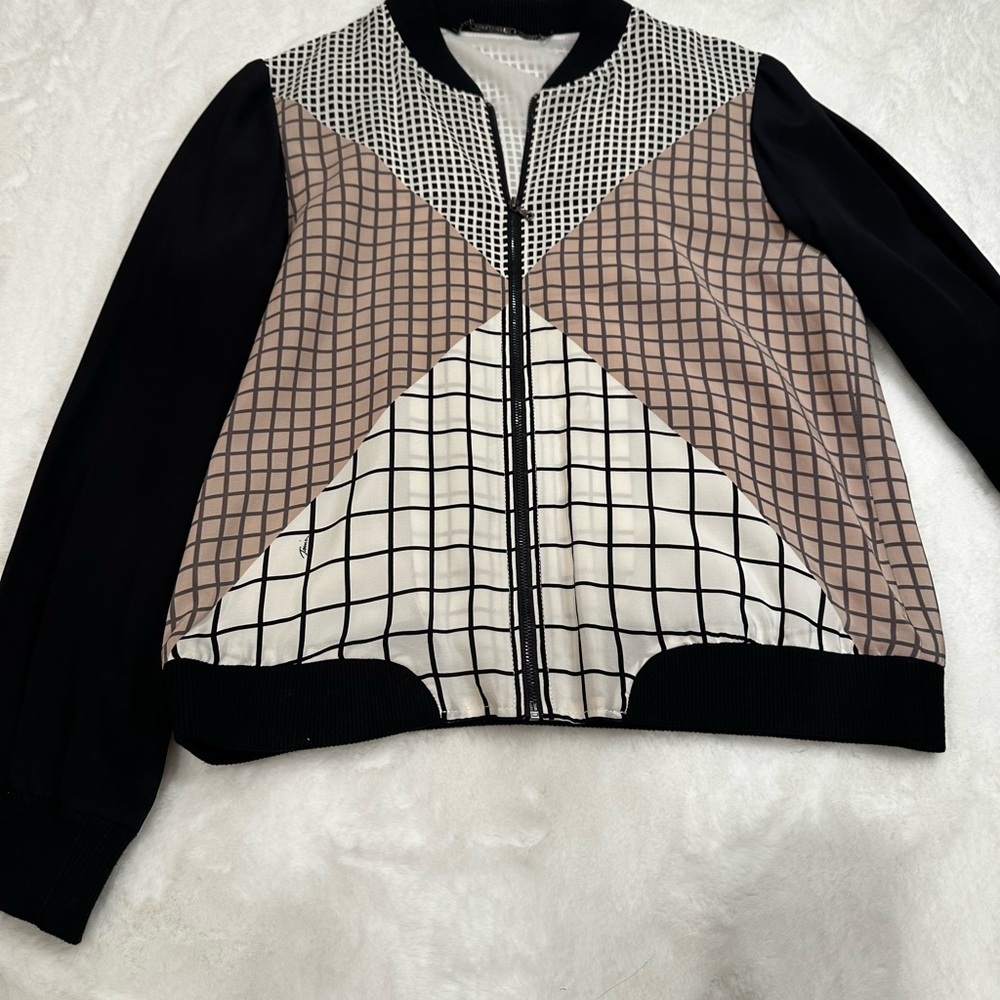 Trina Turk Black and cream ,pink Geometric Bomber Jacket